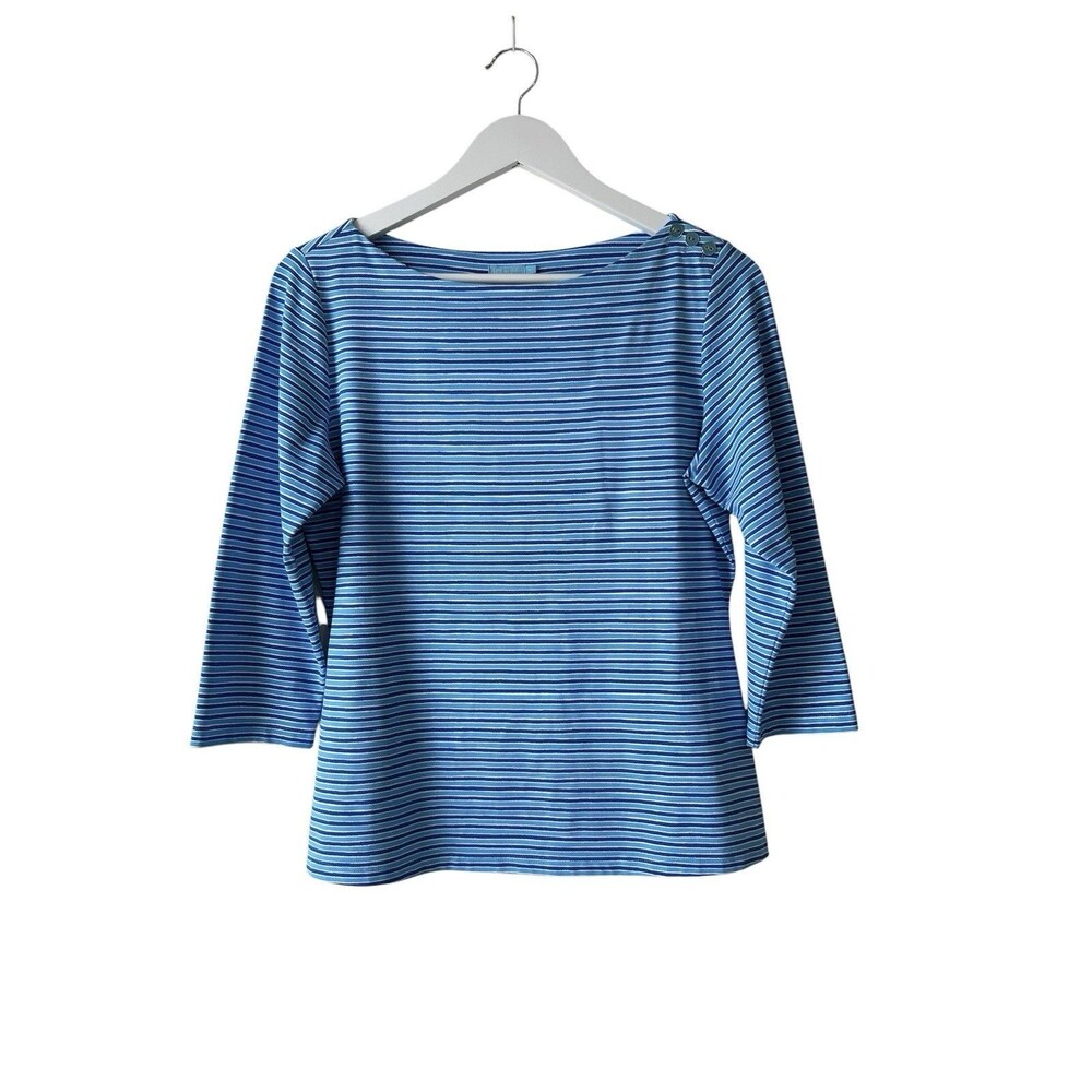 J. McLaughlin Blue Striped Boat Neck Shirt Top Size M Stretchy Nautical EUC